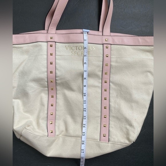 Victoria’s Secret gold stud cream canvas pink faux leather trim open tote - Picture 5 of 11